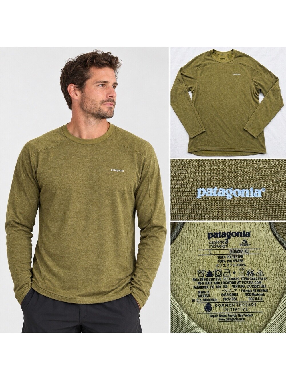 Patagonia Capilene 3 Midweight Long Sleeve Baselayer Shirt Olive Green Men’s L